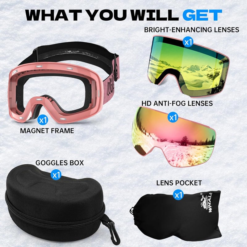 Whale Professional Ski Goggles Unisex Adult Snow Goggles Interchangeable Magnetic Replacement Lenses&Anti-Fog, Anti-UV400 - Image 4